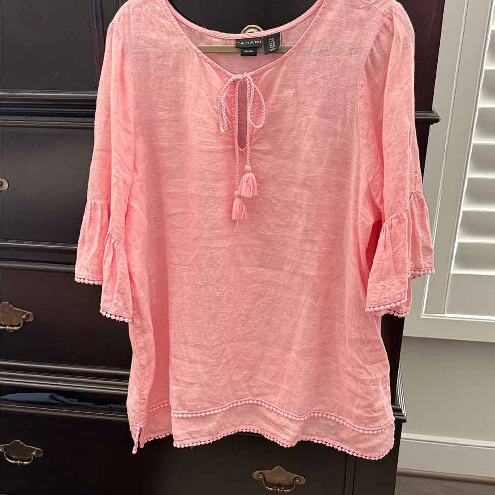 Tahari Pink Tassel Tie Peasant Blouse